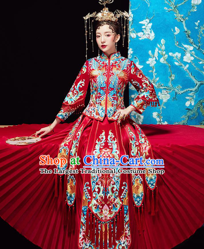 Chinese Ancient Wedding Embroidered Flowers Red Blouse and Dress Traditional Bride Xiu He Suit Costumes for Women