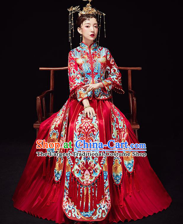 Chinese Ancient Wedding Embroidered Flowers Red Blouse and Dress Traditional Bride Xiu He Suit Costumes for Women