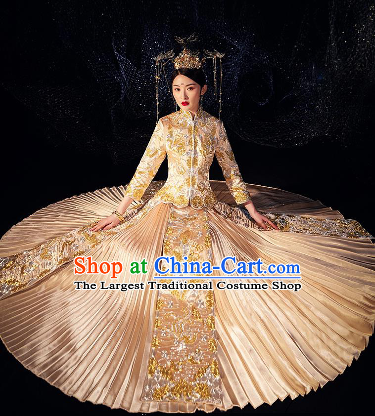 Chinese Ancient Wedding Embroidered Dragon Golden Blouse and Dress Traditional Bride Xiu He Suit Costumes for Women