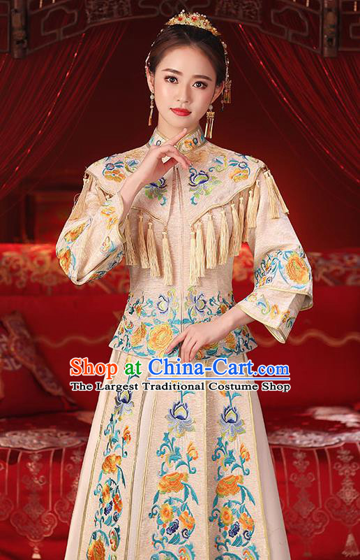 Chinese Ancient Wedding Embroidered Peony Champagne Blouse and Dress Traditional Bride Xiu He Suit Costumes for Women