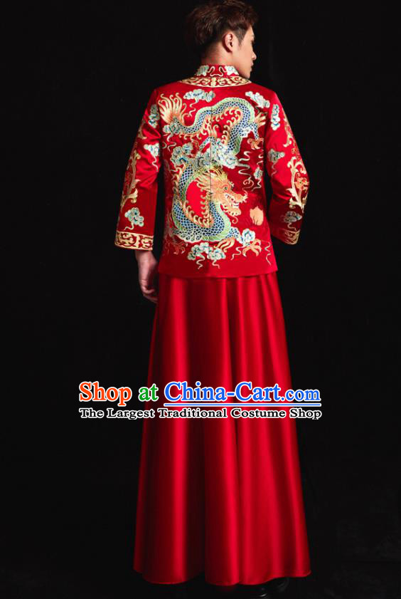Chinese Ancient Bridegroom Embroidered Dragon Kylin Red Mandarin Jacket and Gown Traditional Wedding Tang Suit Costumes for Men