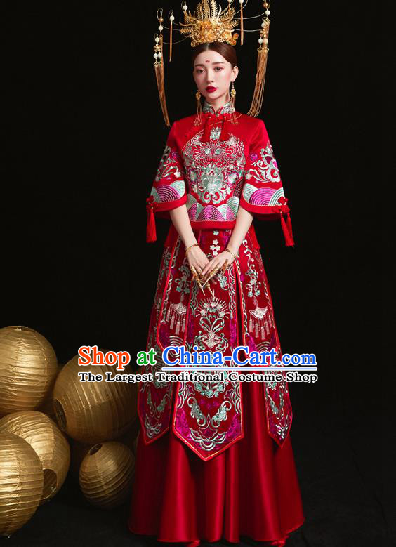 Chinese Ancient Wedding Embroidered Red Blouse and Dress Traditional Bride Xiu He Suit Costumes for Women