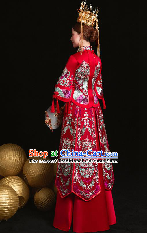 Chinese Ancient Wedding Embroidered Red Blouse and Dress Traditional Bride Xiu He Suit Costumes for Women