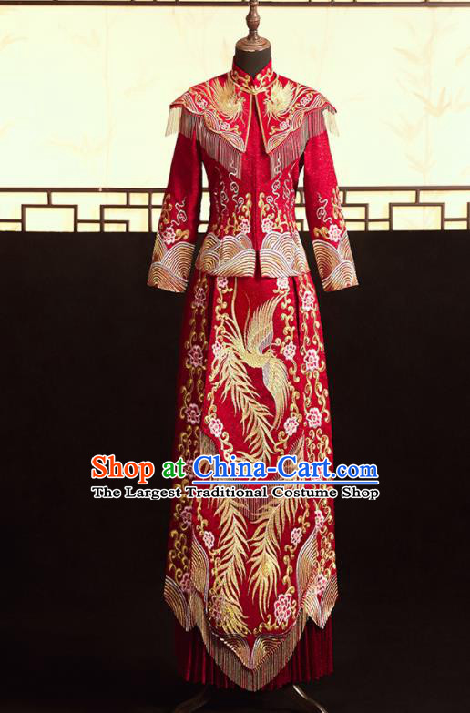 Chinese Ancient Bride Embroidered Phoenix Peony Blouse and Dress Xiu He Suit Wedding Costumes Traditional Red Bottom Drawer for Women