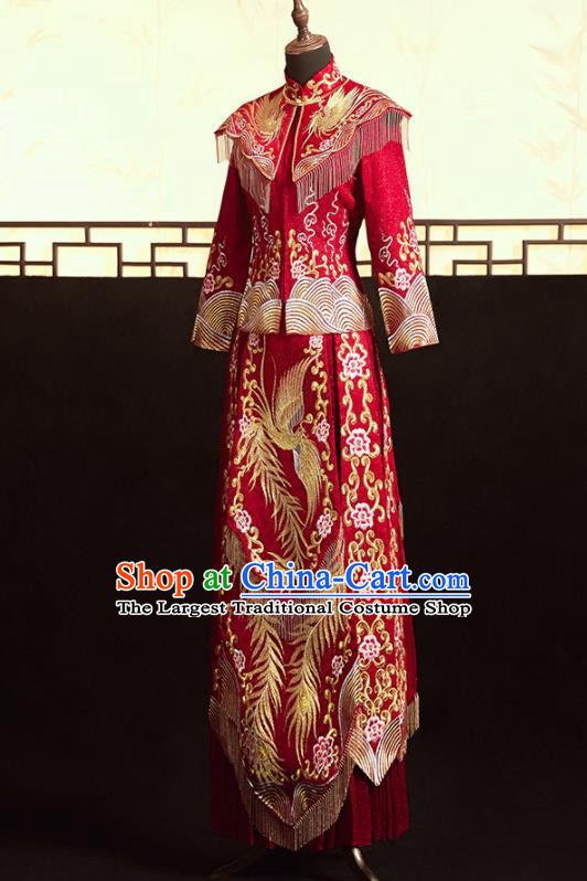 Chinese Ancient Bride Embroidered Phoenix Peony Blouse and Dress Xiu He Suit Wedding Costumes Traditional Red Bottom Drawer for Women