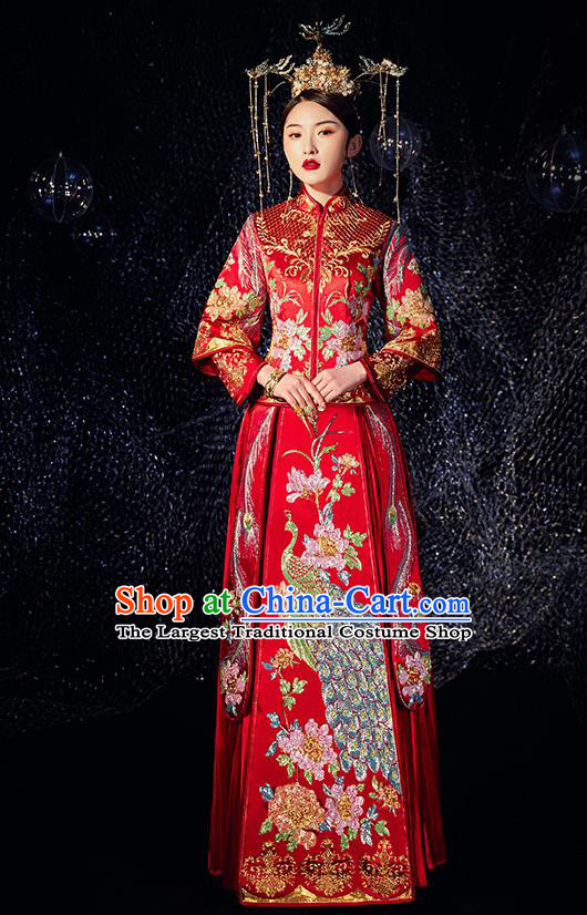 Chinese Ancient Wedding Embroidered Drilling Peacock Peony Red Blouse and Dress Traditional Bride Xiu He Suit Costumes for Women