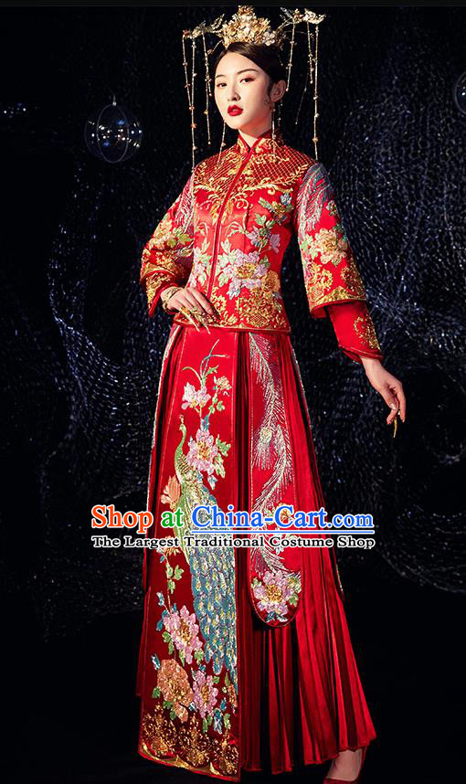 Chinese Ancient Wedding Embroidered Drilling Peacock Peony Red Blouse and Dress Traditional Bride Xiu He Suit Costumes for Women