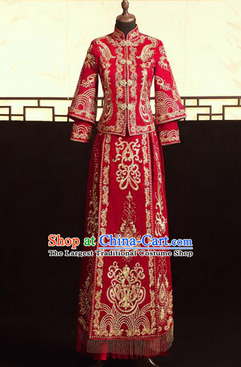 Chinese Ancient Bride Embroidered Blouse and Dress Diamante Xiu He Suit Wedding Costumes Traditional Red Bottom Drawer for Women