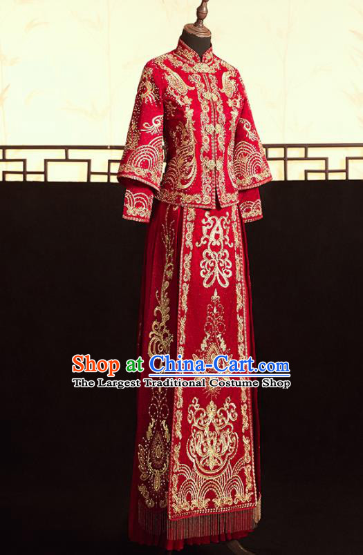 Chinese Ancient Bride Embroidered Blouse and Dress Diamante Xiu He Suit Wedding Costumes Traditional Red Bottom Drawer for Women