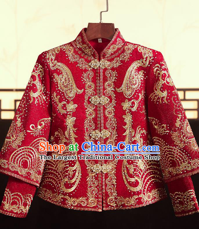Chinese Ancient Bride Embroidered Blouse and Dress Diamante Xiu He Suit Wedding Costumes Traditional Red Bottom Drawer for Women