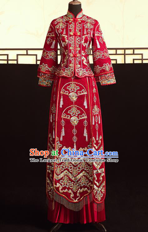 Chinese Ancient Bride Embroidered Fan Blouse and Dress Diamante Xiu He Suit Wedding Costumes Traditional Red Bottom Drawer for Women