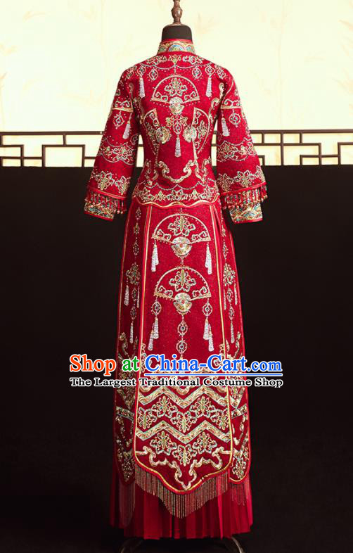 Chinese Ancient Bride Embroidered Fan Blouse and Dress Diamante Xiu He Suit Wedding Costumes Traditional Red Bottom Drawer for Women