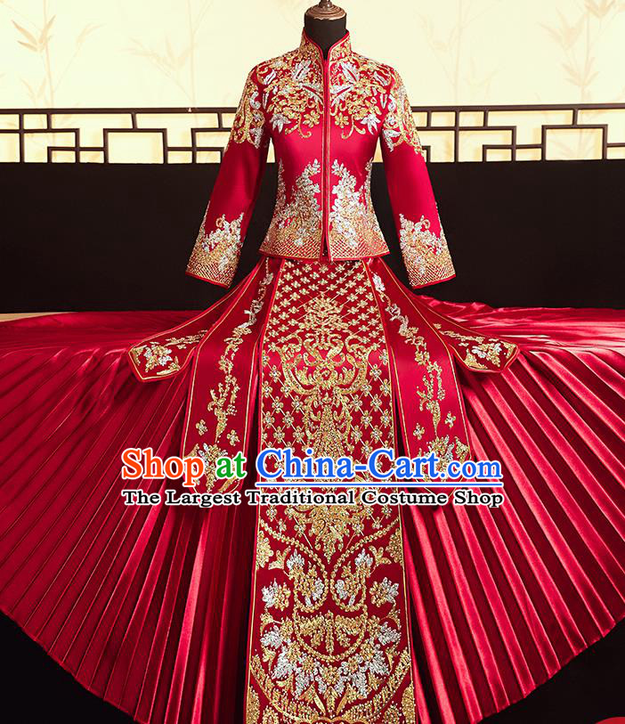 Chinese Ancient Bride Embroidered Flowers Blouse and Dress Diamante Xiu He Suit Wedding Costumes Traditional Red Bottom Drawer for Women