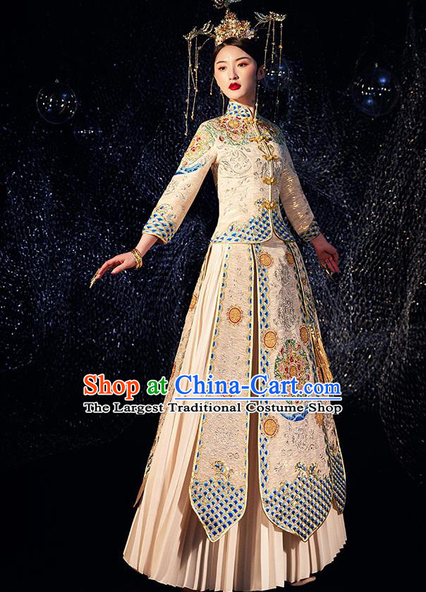 Chinese Ancient Wedding Embroidered Diamante Peony Golden Blouse and Dress Traditional Bride Xiu He Suit Costumes for Women