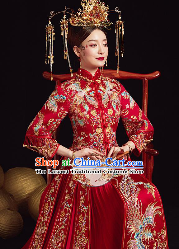 Chinese Ancient Bride Embroidered Phoenix Blouse and Dress Diamante Xiu He Suit Wedding Costumes Traditional Red Bottom Drawer for Women