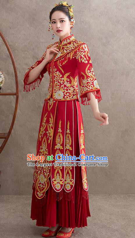 Chinese Ancient Bride Embroidered Blouse and Dress Xiu He Suit Wedding Costumes Traditional Red Bottom Drawer for Women