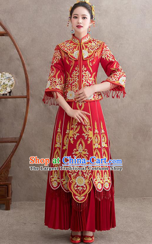 Chinese Ancient Bride Embroidered Blouse and Dress Xiu He Suit Wedding Costumes Traditional Red Bottom Drawer for Women