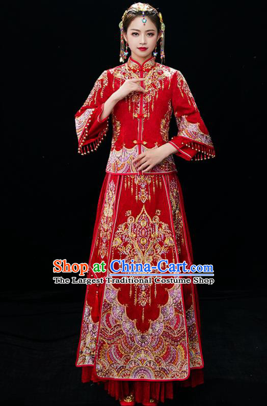 Chinese Ancient Bride Embroidered Blouse and Dress Diamante Xiu He Suit Wedding Costumes Traditional Red Bottom Drawer for Women