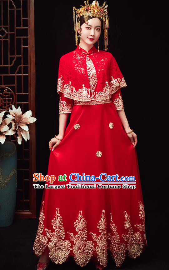 Chinese Ancient Bride Embroidered Red Veil Blouse and Dress Traditional Xiu He Suit Wedding Costumes for Women