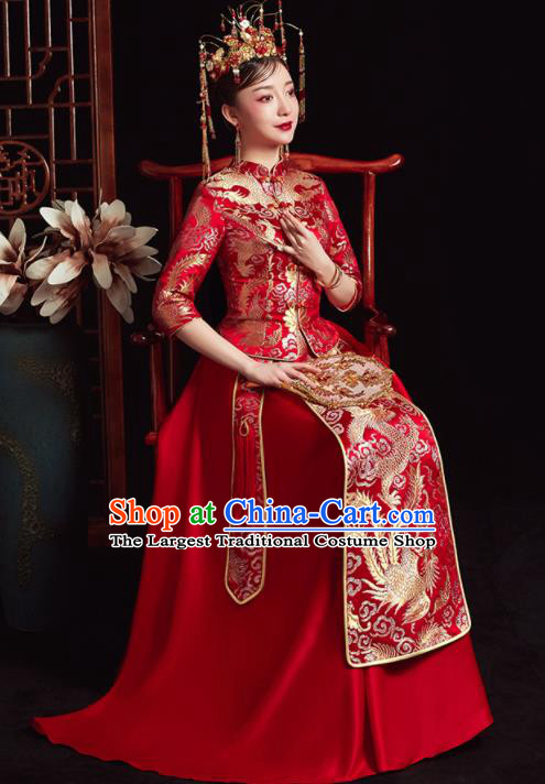 Chinese Ancient Bride Embroidered Dragon Phoenix Red Dress Traditional Xiu He Suit Wedding Costumes for Women