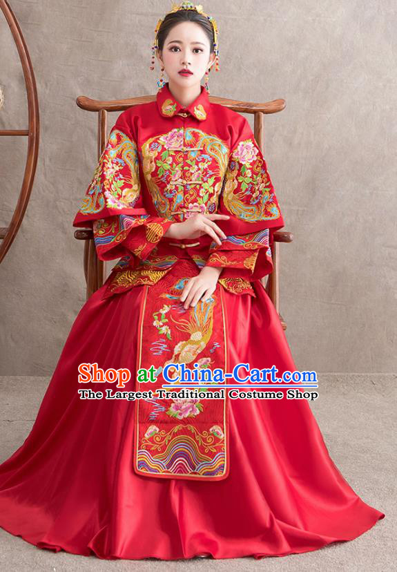 Chinese Ancient Bride Embroidered Phoenix Peony Red Dress Traditional Xiu He Suit Wedding Costumes for Women