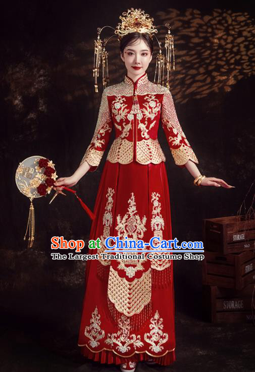 Chinese Ancient Bride Embroidered Diamante Red Xiu He Suit Wedding Costumes Blouse and Dress Traditional Bottom Drawer for Women