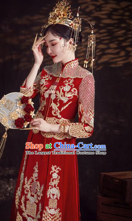 Chinese Ancient Bride Embroidered Diamante Red Xiu He Suit Wedding Costumes Blouse and Dress Traditional Bottom Drawer for Women