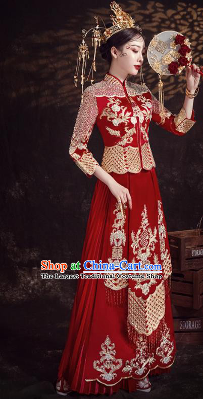 Chinese Ancient Bride Embroidered Diamante Red Xiu He Suit Wedding Costumes Blouse and Dress Traditional Bottom Drawer for Women