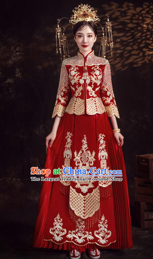 Chinese Ancient Bride Embroidered Diamante Red Xiu He Suit Wedding Costumes Blouse and Dress Traditional Bottom Drawer for Women
