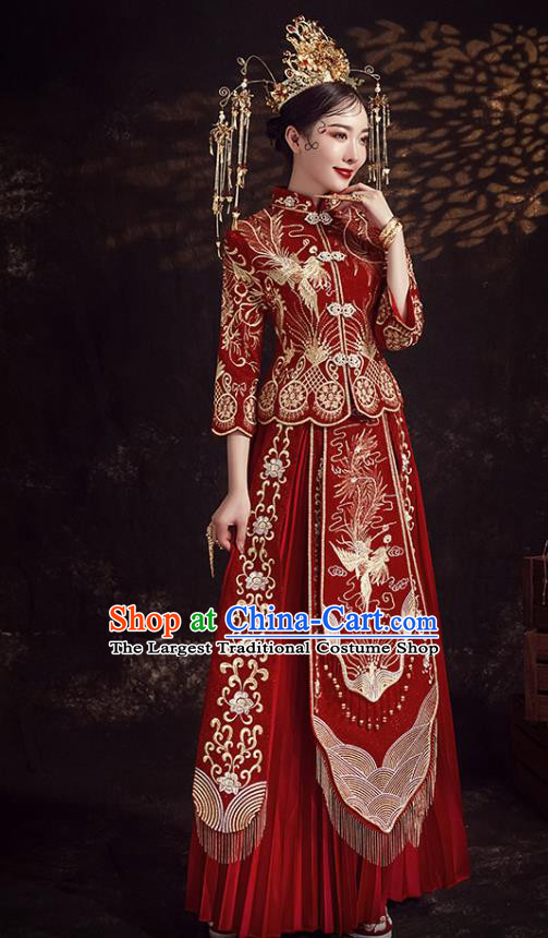 Chinese Ancient Bride Embroidered Phoenix Peony Wine Red Xiu He Suit Wedding Costumes Blouse and Dress Traditional Bottom Drawer for Women