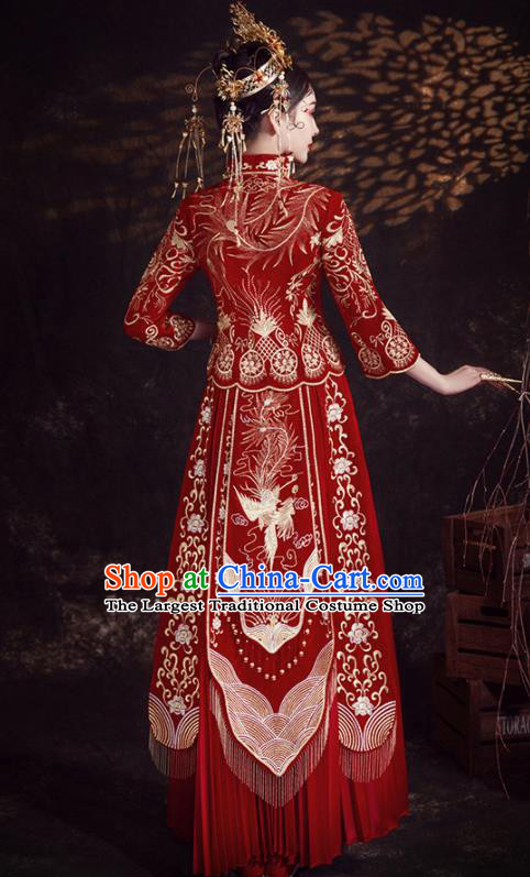 Chinese Ancient Bride Embroidered Phoenix Peony Wine Red Xiu He Suit Wedding Costumes Blouse and Dress Traditional Bottom Drawer for Women