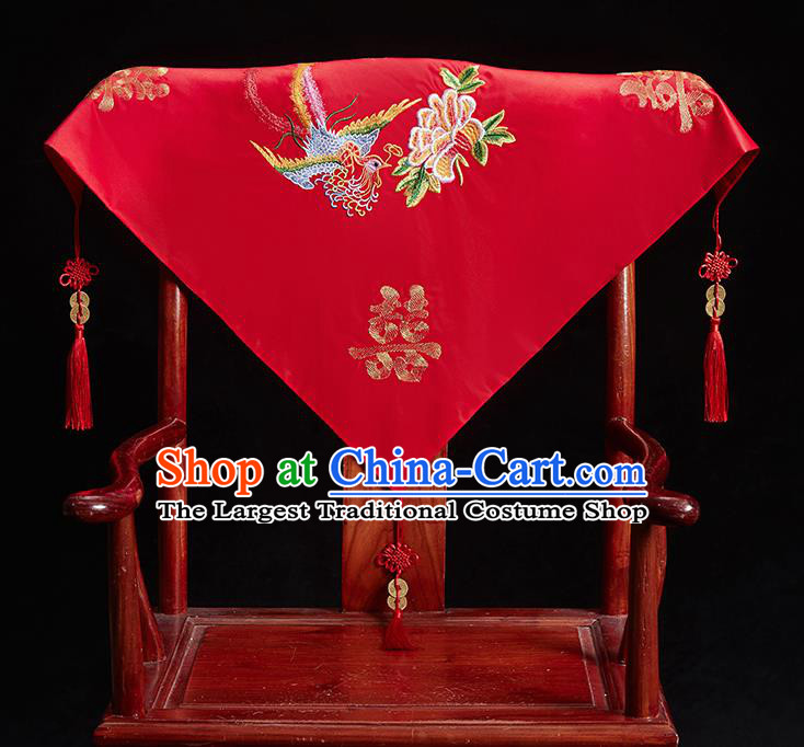 Chinese Ancient Bride Embroidered Phoenix Peony Red Veil Cover Traditional Wedding Headdress for Women