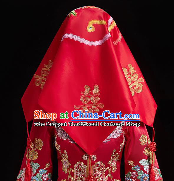 Chinese Ancient Bride Embroidered Phoenix Peony Red Veil Cover Traditional Wedding Headdress for Women