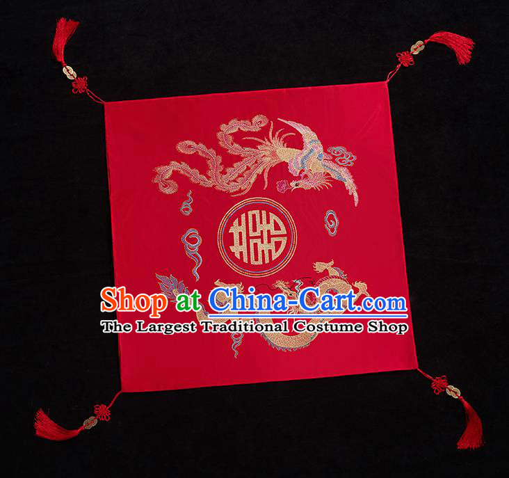 Chinese Ancient Bride Embroidered Dragon Phoenix Red Veil Cover Traditional Wedding Headdress for Women