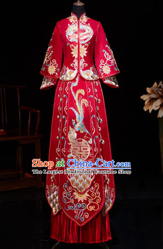 Chinese Ancient Bride Embroidered Phoenix Peony Red Blouse and Dress Traditional Red Xiu He Suit Wedding Costumes for Women