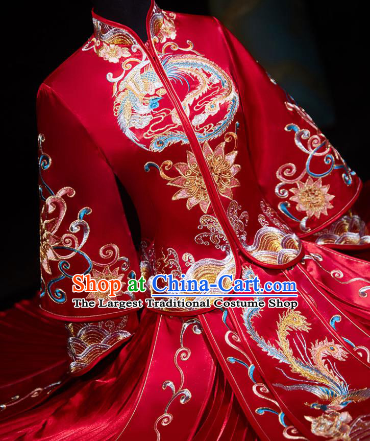 Chinese Ancient Bride Embroidered Phoenix Peony Red Blouse and Dress Traditional Red Xiu He Suit Wedding Costumes for Women