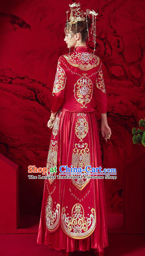 Chinese Ancient Embroidered Peony Red Blouse and Dress Traditional Bride Red Xiu He Suit Wedding Costumes for Women
