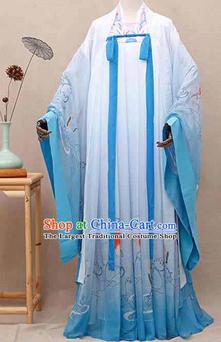 Chinese Traditional Tang Dynasty Princess Printing Blue Hanfu Dress Ancient Peri Goddess Costumes for Women