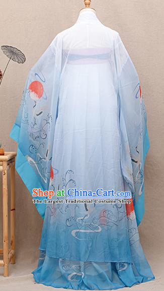 Chinese Traditional Tang Dynasty Princess Printing Blue Hanfu Dress Ancient Peri Goddess Costumes for Women