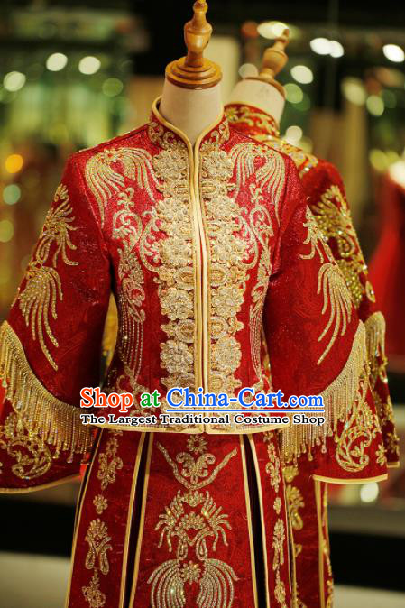 Chinese Ancient Wedding Embroidered Diamante Red Blouse and Dress Traditional Bride Xiu He Suit Costumes for Women