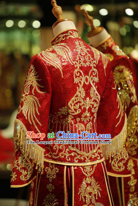 Chinese Ancient Wedding Embroidered Diamante Red Blouse and Dress Traditional Bride Xiu He Suit Costumes for Women