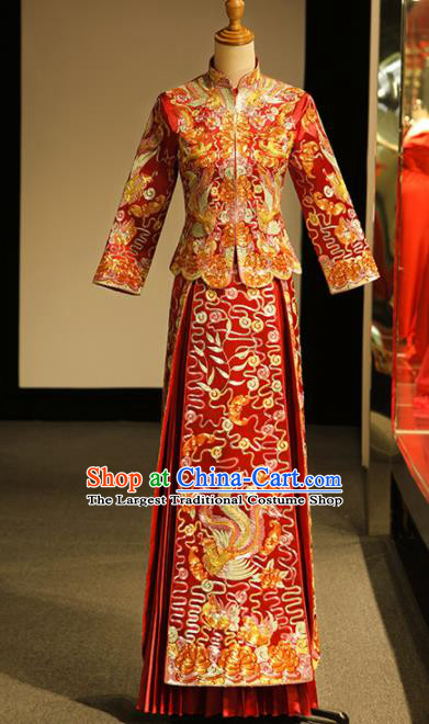 Chinese Ancient Wedding Embroidered Phoenix Peony Red Blouse and Dress Traditional Bride Xiu He Suit Costumes for Women