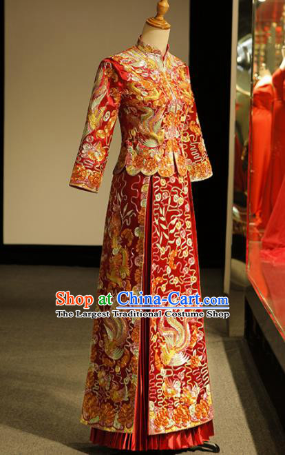 Chinese Ancient Wedding Embroidered Phoenix Peony Red Blouse and Dress Traditional Bride Xiu He Suit Costumes for Women