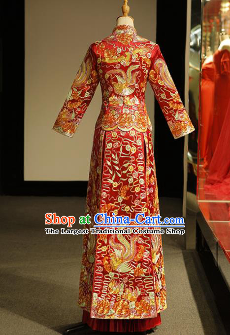 Chinese Ancient Wedding Embroidered Phoenix Peony Red Blouse and Dress Traditional Bride Xiu He Suit Costumes for Women