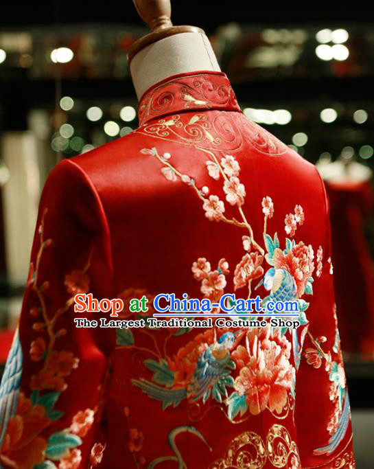 Chinese Ancient Wedding Embroidered Plum Birds Red Blouse and Dress Traditional Bride Xiu He Suit Costumes for Women