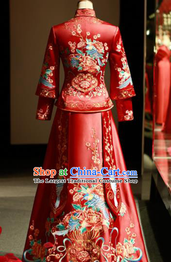 Chinese Ancient Wedding Embroidered Plum Birds Red Blouse and Dress Traditional Bride Xiu He Suit Costumes for Women