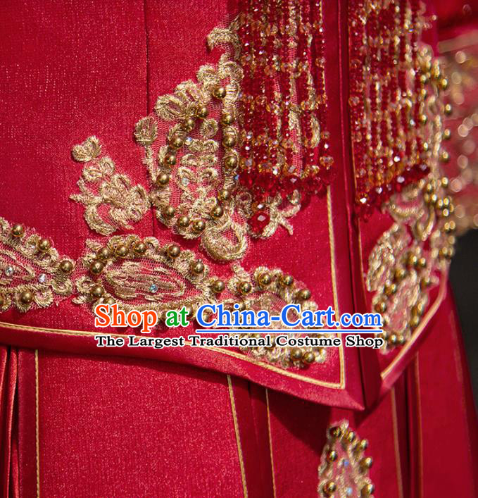Chinese Ancient Wedding Embroidered Beads Red Blouse and Dress Traditional Bride Xiu He Suit Costumes for Women