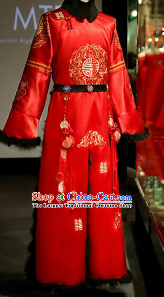 Chinese Ancient Bridegroom Embroidered Red Mandarin Gown Traditional Wedding Tang Suit Costumes for Men