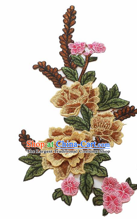 Chinese Traditional Embroidery Brown Peony Applique Embroidered Patches Embroidering Cloth Accessories