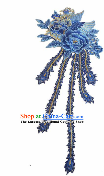Chinese Traditional Embroidery Royalblue Phoenix Peony Applique Embroidered Patches Embroidering Cloth Accessories